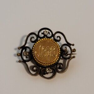 Vintage Gold Tone Monogram Brooch with Rhinestones Ornate Scroll Design